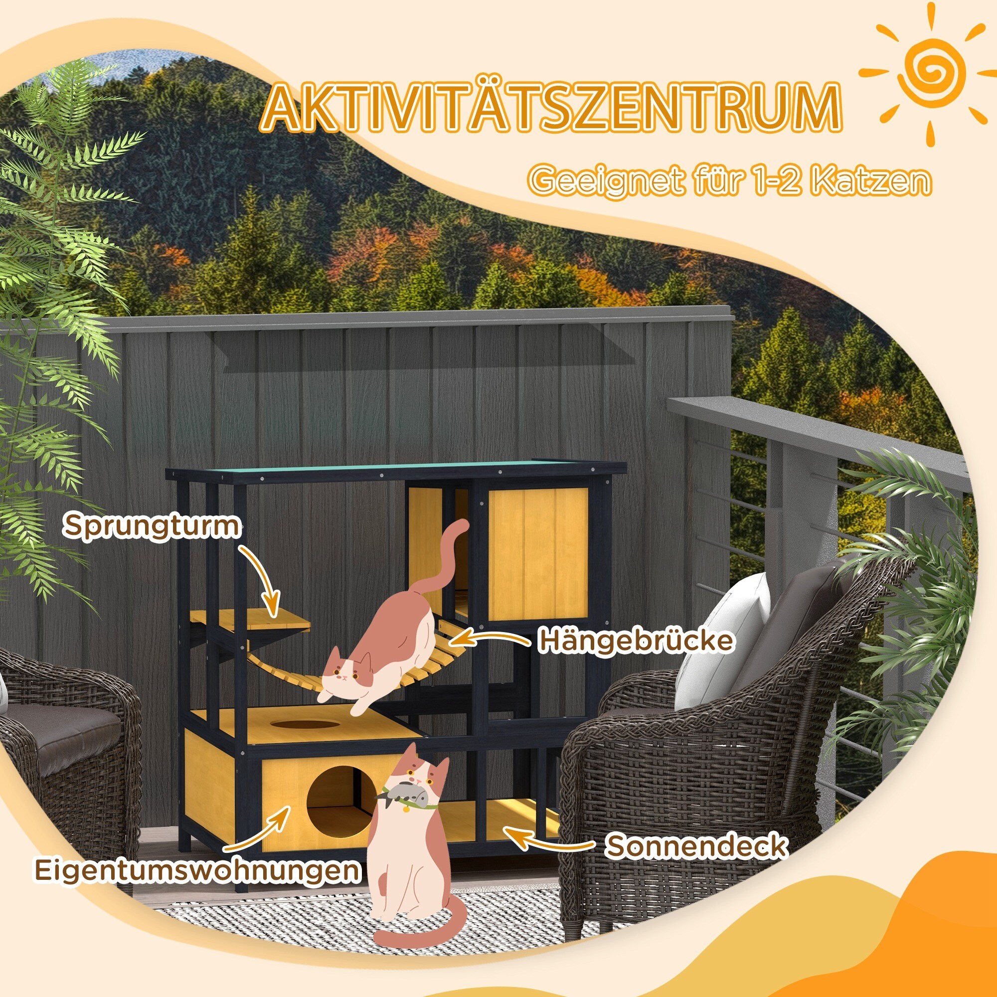 PawHut Katzenhaus mit Zugbrücke natur 84,5L x 60B x 88H cm