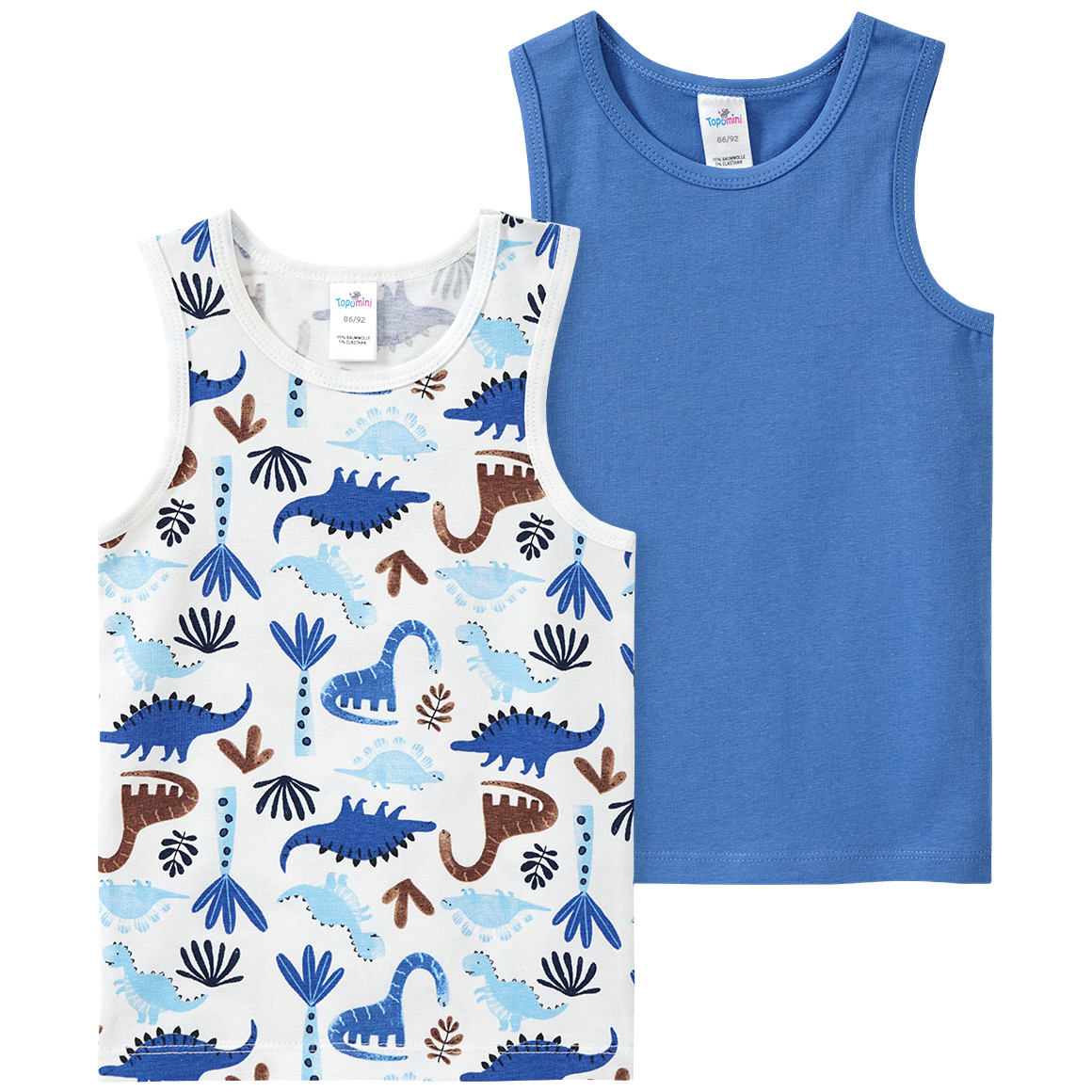 Topomini 2 Baby Unterhemden mit Dino-Motiv weiss / blau / braun
