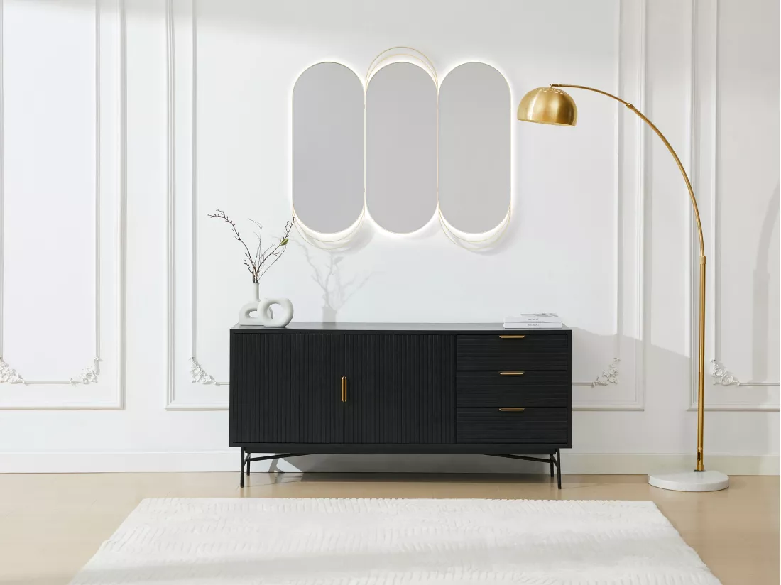 Buffet avec 2 portes et 3 tiroirs placage chêne et métal - Noir et Doré - SIRIOLA