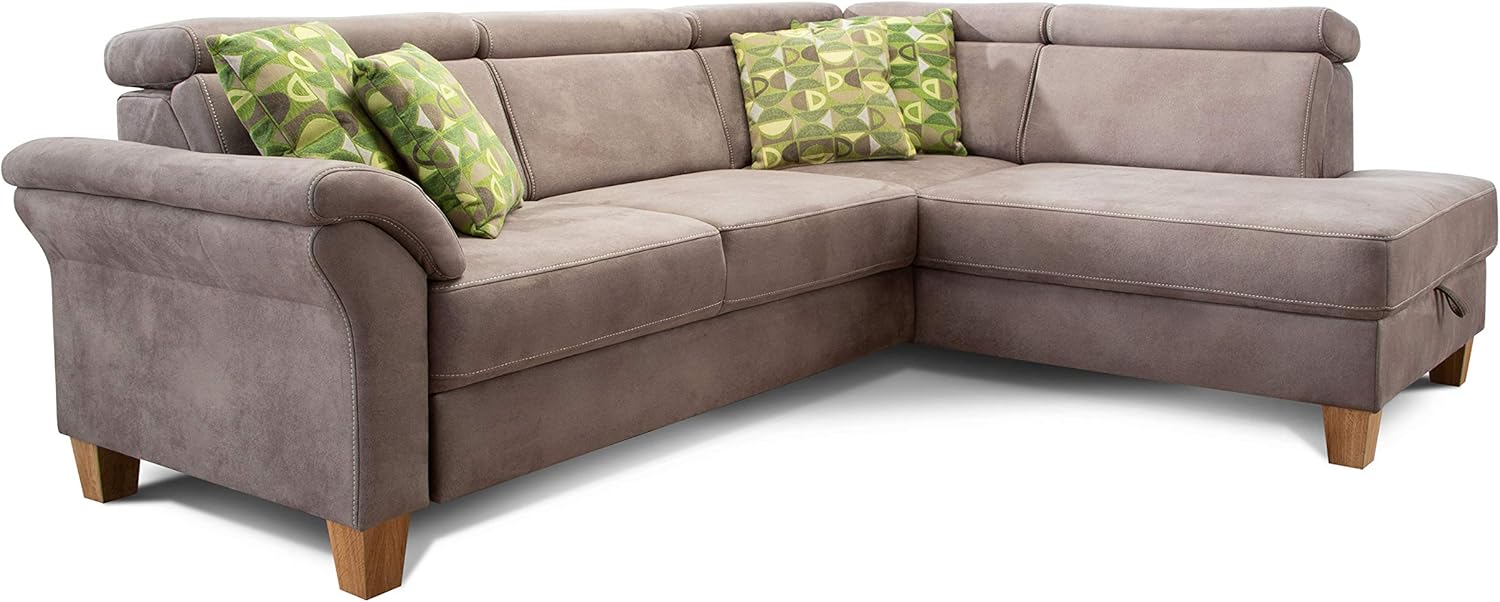 Cavadore Ecksofa Ammerland mit Ottomane rechts / Federkern-Sofa im Landhausstil mit verstellbaren Kopfstützen / 245 x 84 x 194 / Lederoptik hellbraun