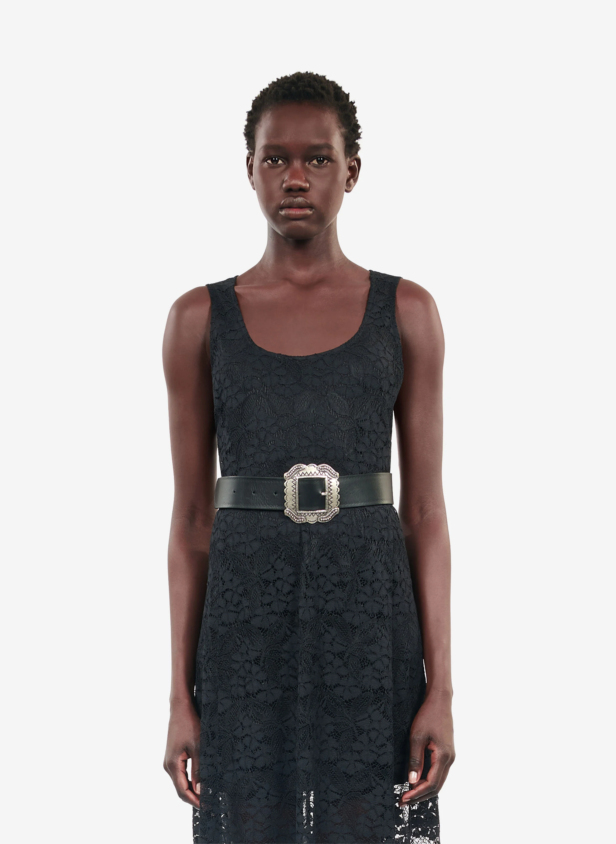 Robe midi col rond en dentelle | Noir
