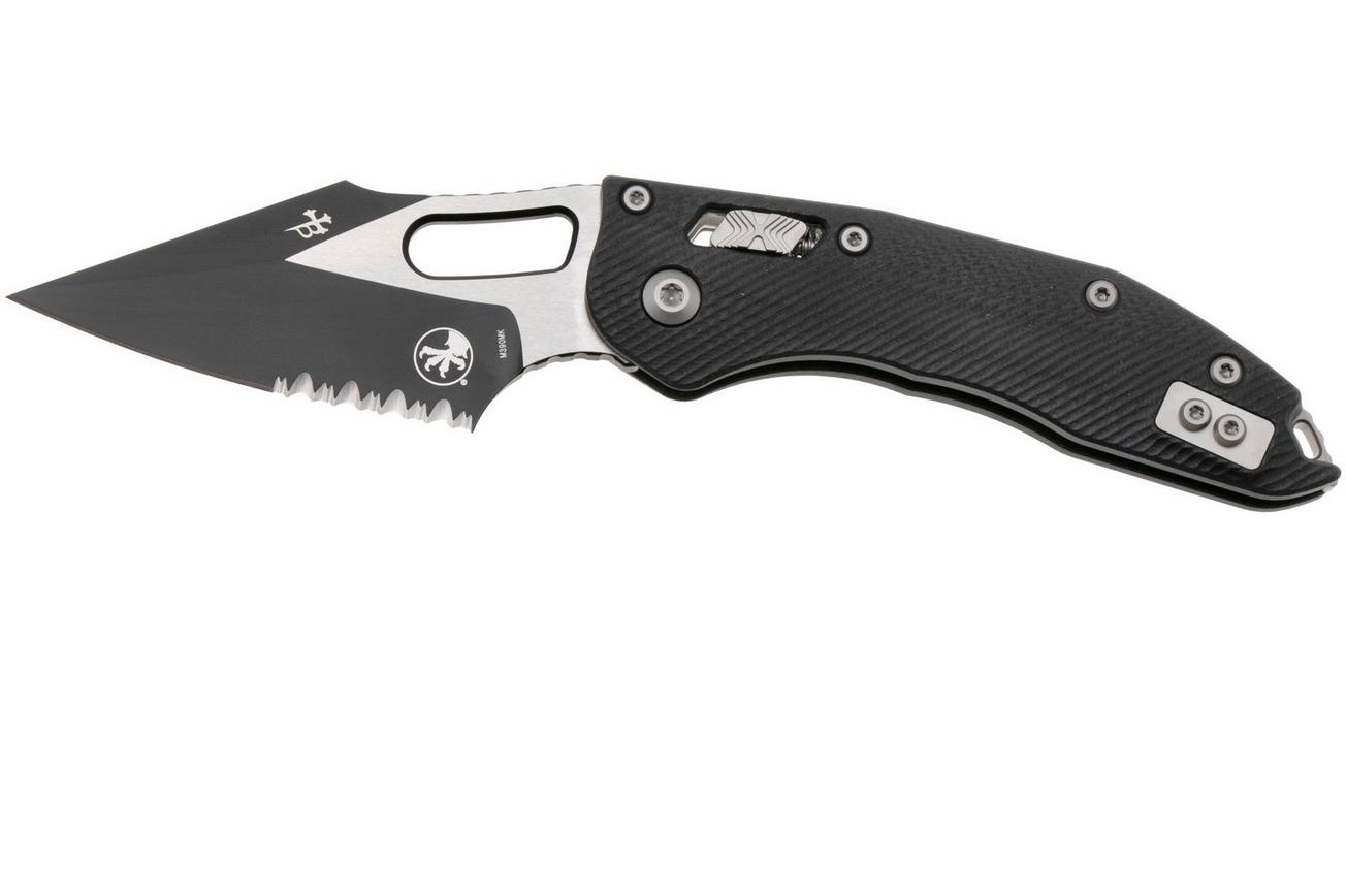 Microtech Stitch 169RL-2FLGTBK, Two Tone M390MK, Fluted Black G10 partial serrated zakmes, Borka Blades design