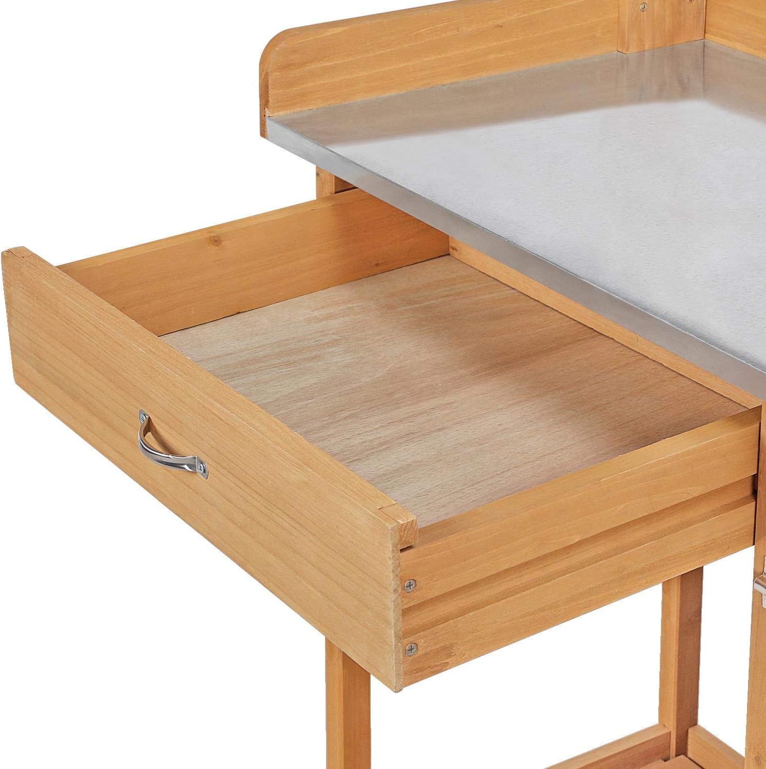 Yaheetech Gärtnertisch 112 x 46,5 x 125 cm Pflanztisch mit verzinkter Arbeitsplatte Schublade Unterschrank, Garten Arbeitstisch aus Holz, Blumentisch Hellbraun