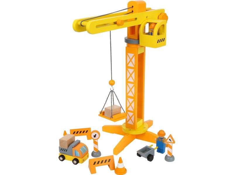 small foot Baukran mit Baustellenzubehör Umfangreiches Spielset aus Holz mit grossem Kran und viel Zubehör