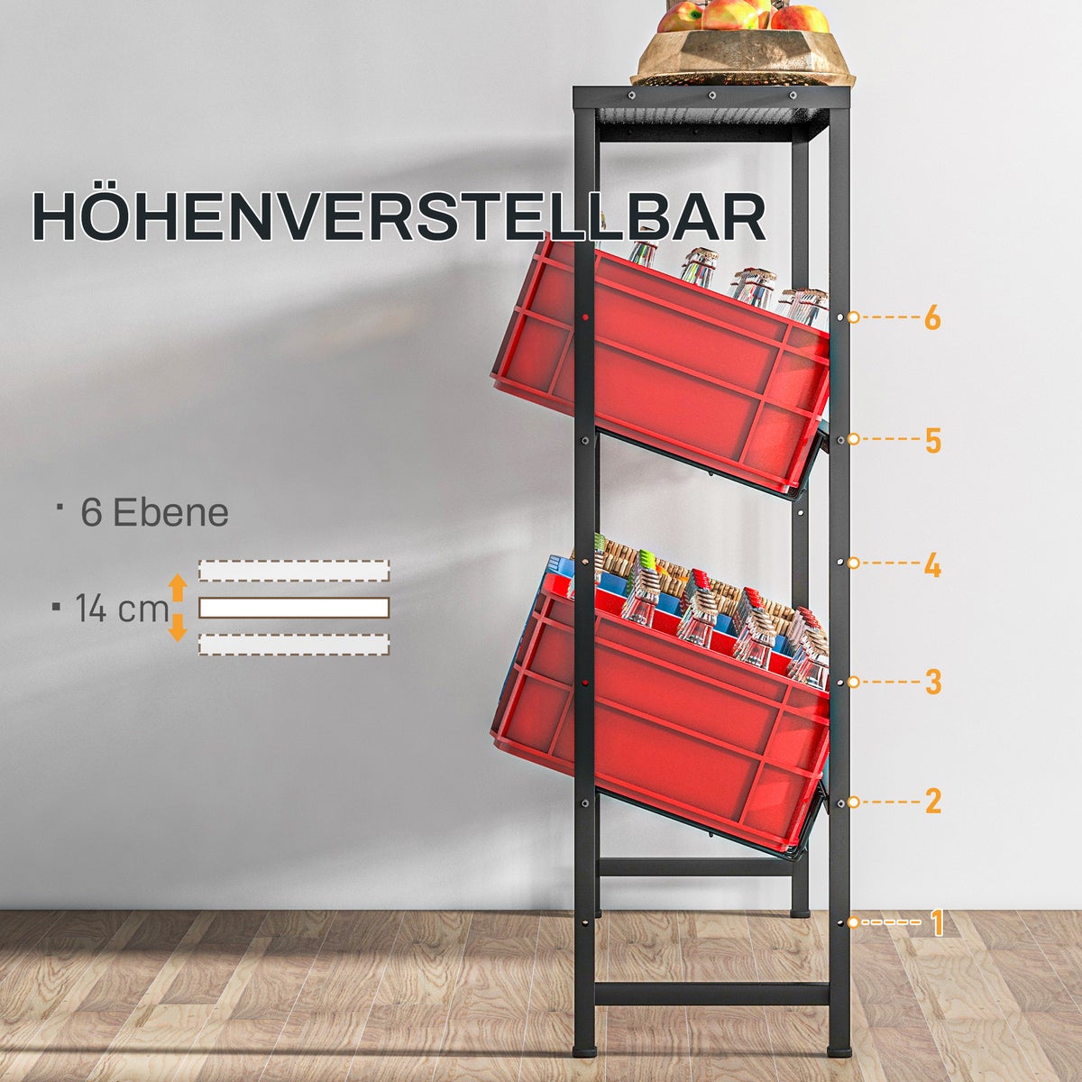 HOMCOM Drankkrattenrek voor 6 kratten, vrijstaand drankenrek met verstelbare plankhoogte, 3 niveaus, krattenrek met antislipbescherming, 103 x 33 x 113,5 cm, staal, zwart