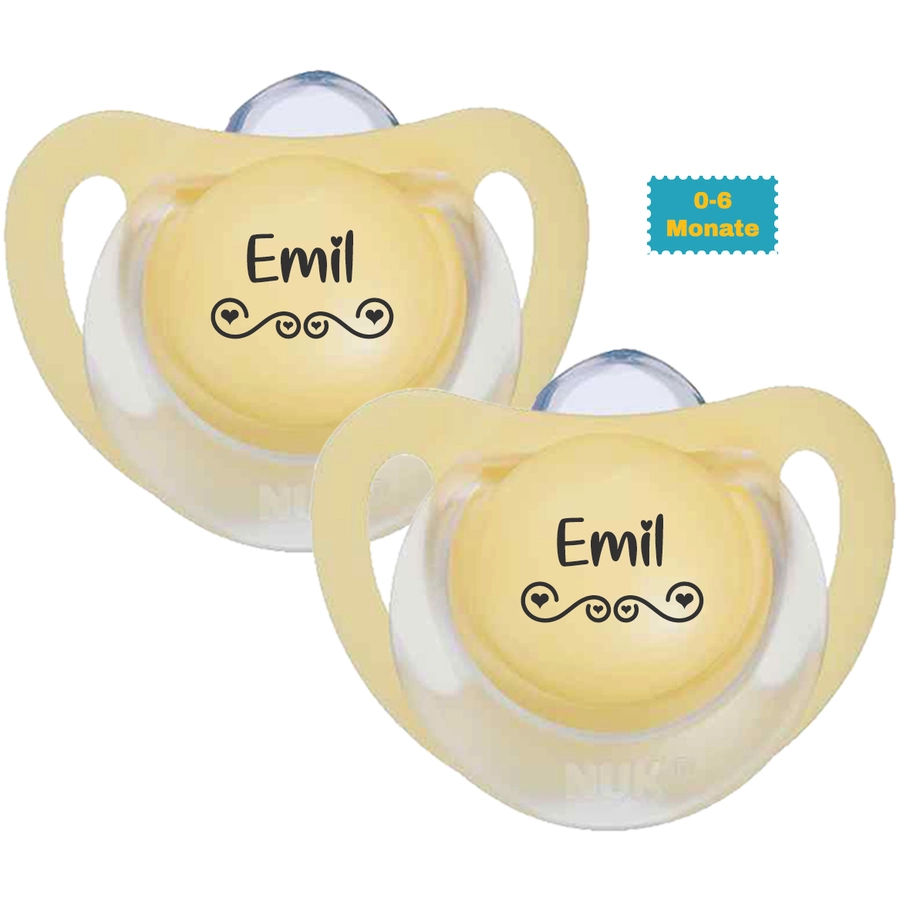 Schnullireich Schnuller mit Namen  Namensschnuller NUK Starlight Love – 2er Set (Junge) Gelb