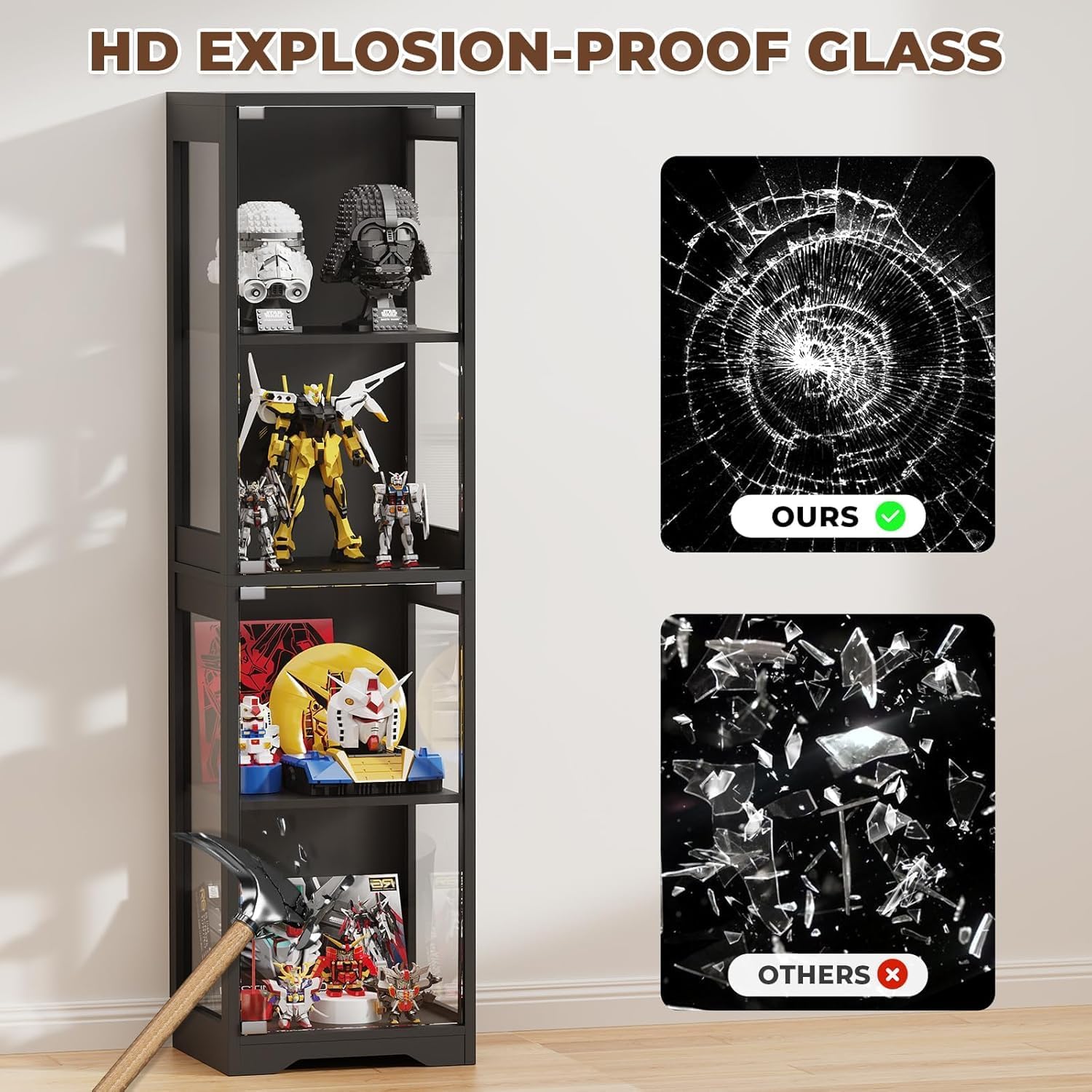Glasvitrine mit Dreifarbig LED Beleuchtung und Glastüren, Glasvitrine Stehend mit Körpersensor-System, Sammlervitrine für Wohnzimmer, Büro, Bücher, Spielzimmer, Schwarz (40 x 35 x 160cm)