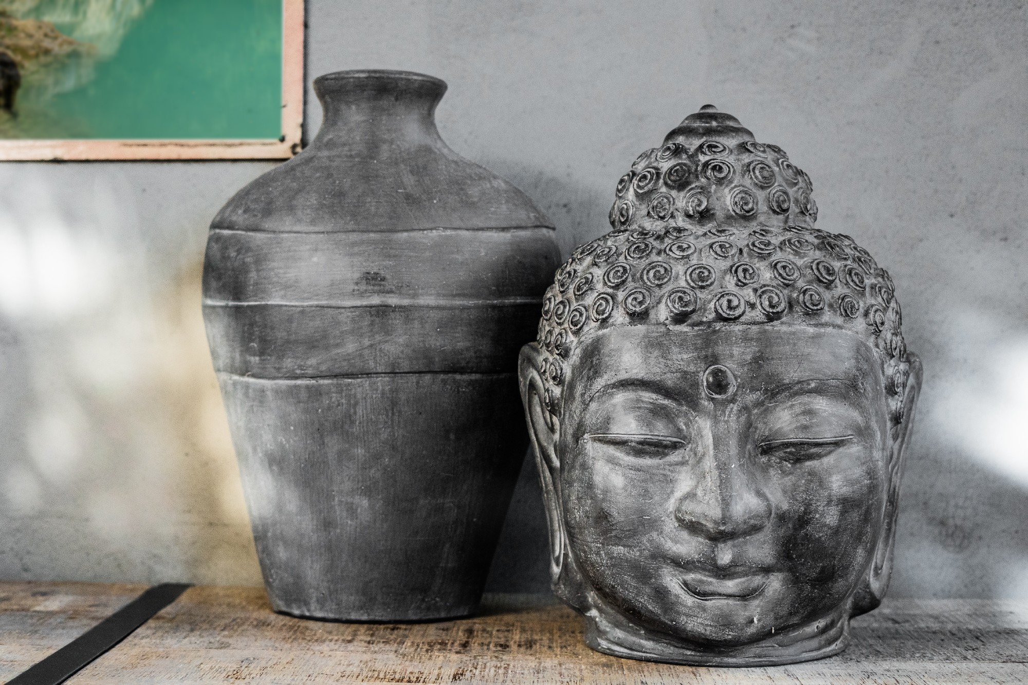 Skulptur 'Buddhakopf' lächelnd, H 58 cm, T 38 cm, B 38 cm von fischer's lagerhaus