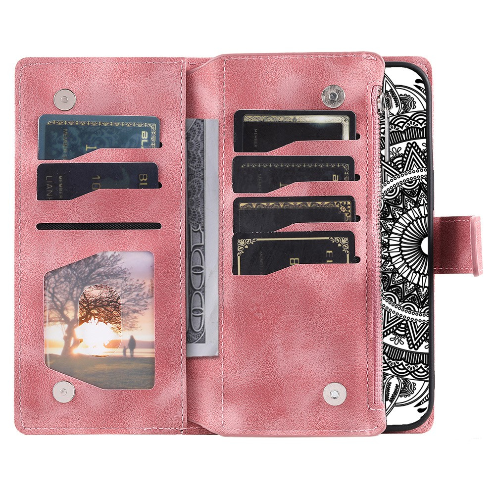 Samsung Galaxy A55 Leder Tasche Flip Cover mit Reissverschluss - Mandala Flowers Imprint - Rosa