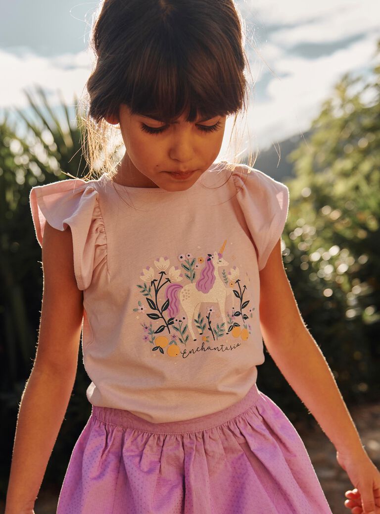 T-shirt lilas à volants et licorne fantaisie