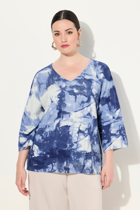 Pullover, Batikdruck, Ziersteine, V-Ausschnitt, 3/4-Arm