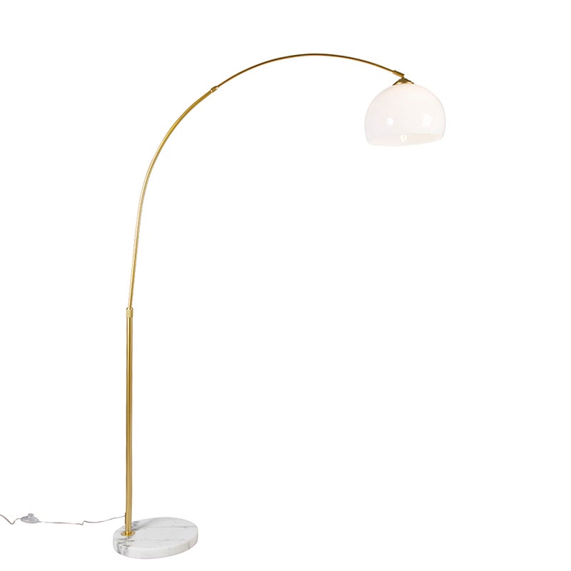 QAZQA - Moderne booglamp in messing met witte kap - Arc Basic I Woonkamer I Slaapkamer - Staal Rond I Langwerpig - LED-compatibel E27