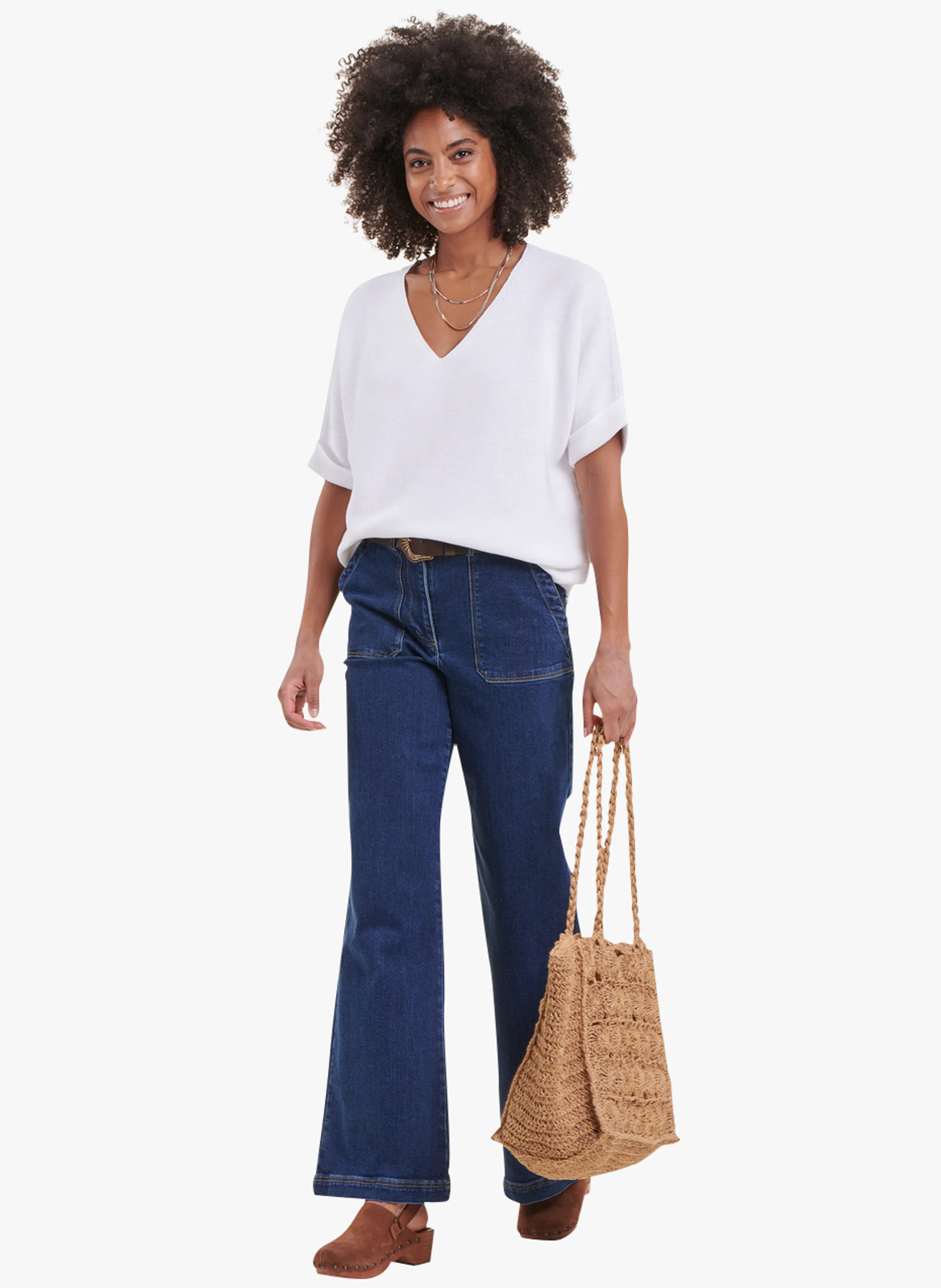 Top ample col V en maille | Blanc