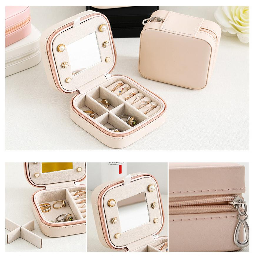 (10x10x5cm) Leder Schmuckschatulle Reise Aufbewahrungsbox Organizer mit Spiegel für Ringe / Ohrringe / Armbänder - Schwarz
