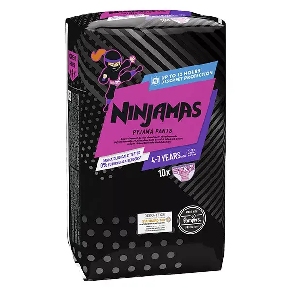 Calças de pijama Pampers Ninjamas para meninas, roupa íntima noturna absorvente, para meninas de 4 a 7 anos e com peso entre 17 e 30 kg, pacote com 10 unidades.