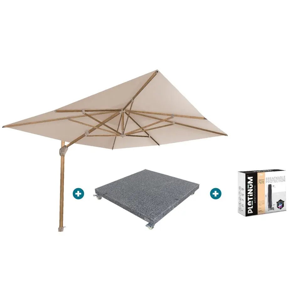 4-Seasons zweefparasol Hacienda 300 x 400 - Woodlook/Sand met voet en hoes