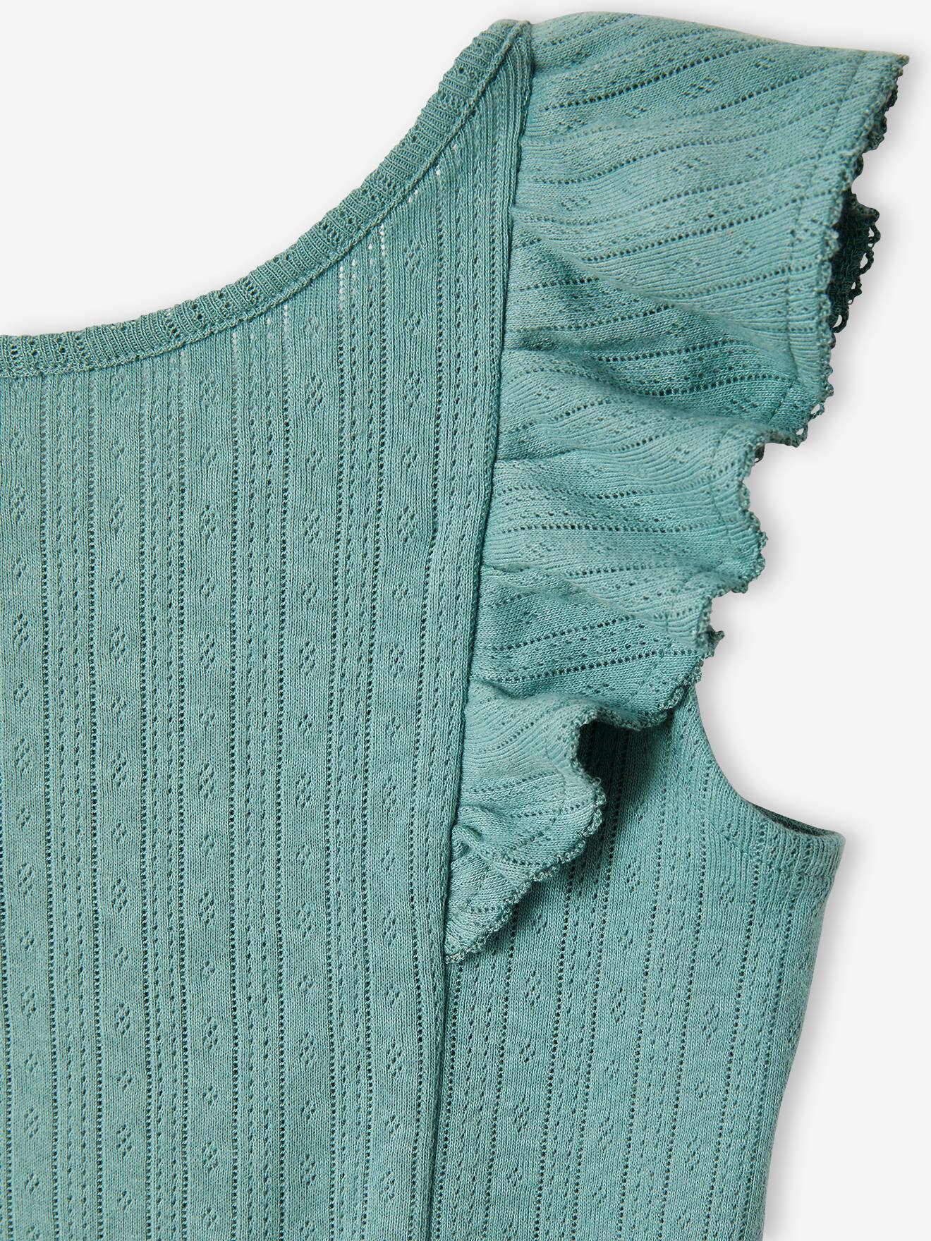 Blusa regata feminina bege em tricô vazado com babados.