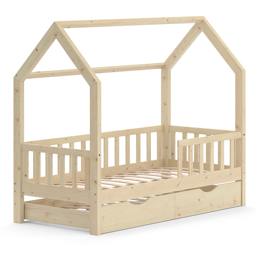 VitaliSpa Kinderbett Hausbett Gästebett Wiki Natur 80x160cm Schublade Lattenrost