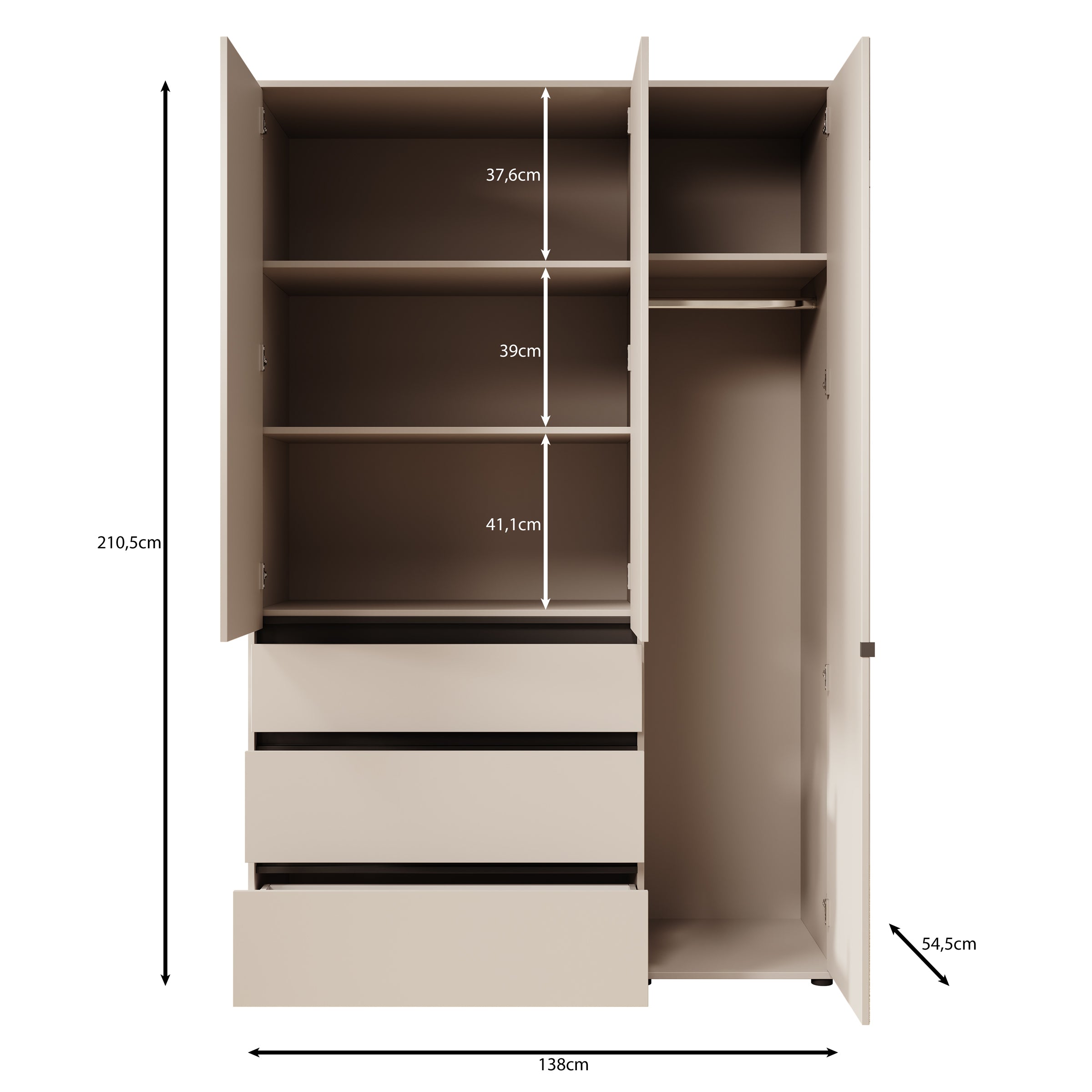 Cirelle 2 - Kledingkast 3-deurs - Beige - 138x55x211 cm