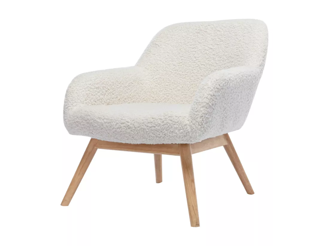 MALMO, Fauteuil lounge en tissu bouclé écru et hévéa naturel