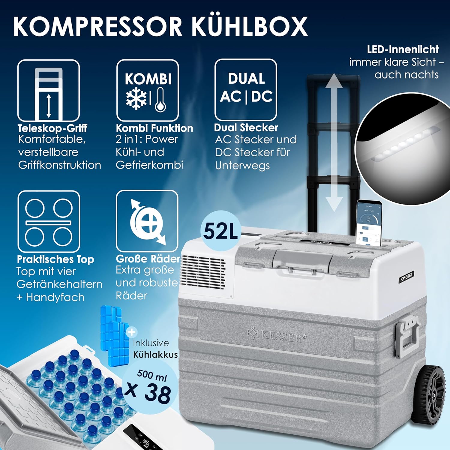 KESSER® Kompressor Kühlbox elektrisch Gefrierbox, 52 Liter Mit APP-Steuerung USB-Anschluss 12/24 V 230V, +Teleskopstange, 2x Kühlbox Räder Kühlschrank Kühlung bis -20 °C für Auto, Lkw, Boot + Kühlakku