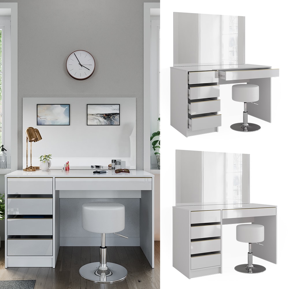 Vicco Schminktisch Sherry Weiß Hochglanz Gold 120 x 75 cm 5 Schubladen Spiegel Hocker