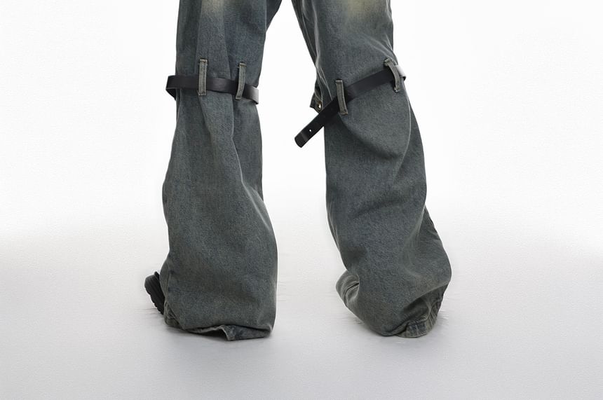 Kooklay - Mid Rise Washed Belted Cutout Wide Leg Jeans