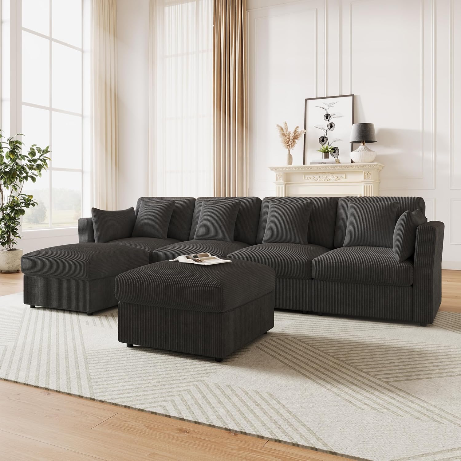 Merax Ecksofa modulares U-förmiges Sofa mit multifunktionalem Fußhocker (L/U-Form), verstellbaren Armlehnen, Cordstoff, 4-Sitzer Couch für Wohnzimmer/Schlafzimmer, Grau