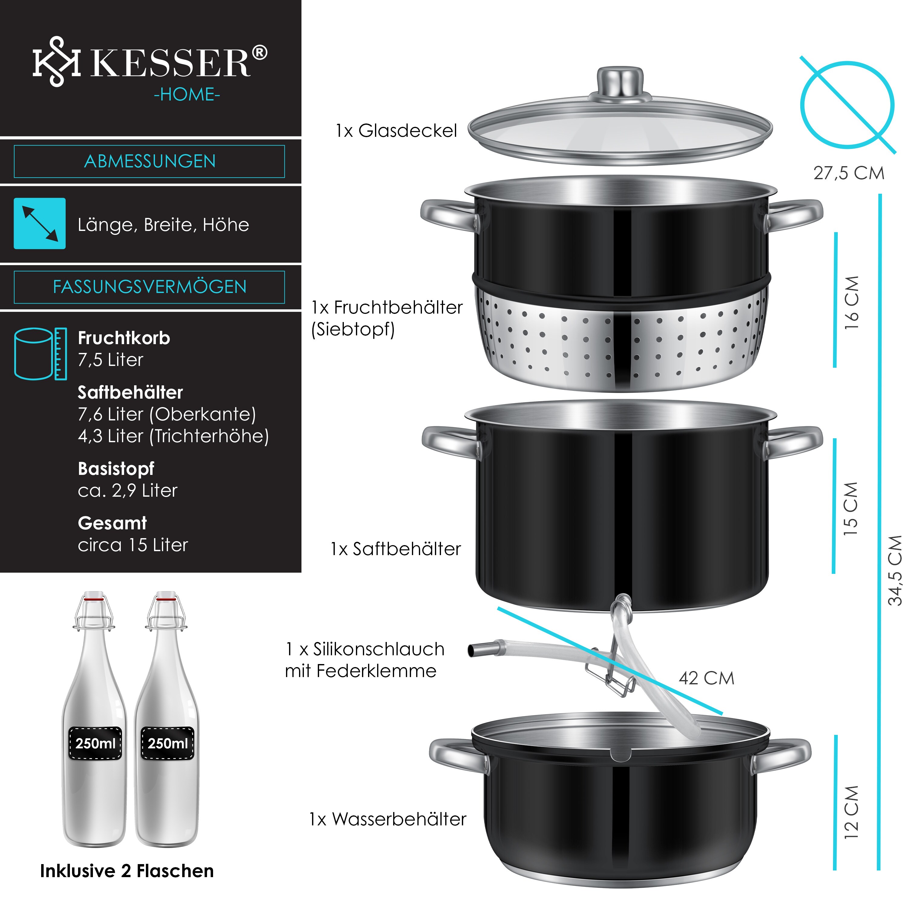 KESSER® Dampfentsafter 15 L Edelstahl Entsafter Saftpresse Inkl. 2x Bügelflasche Obst und Gemüse - für alle Herdarten geeignet auch Induktion| Ø 26cm | spülmaschinengeeignet Induktionsdampfentsafter