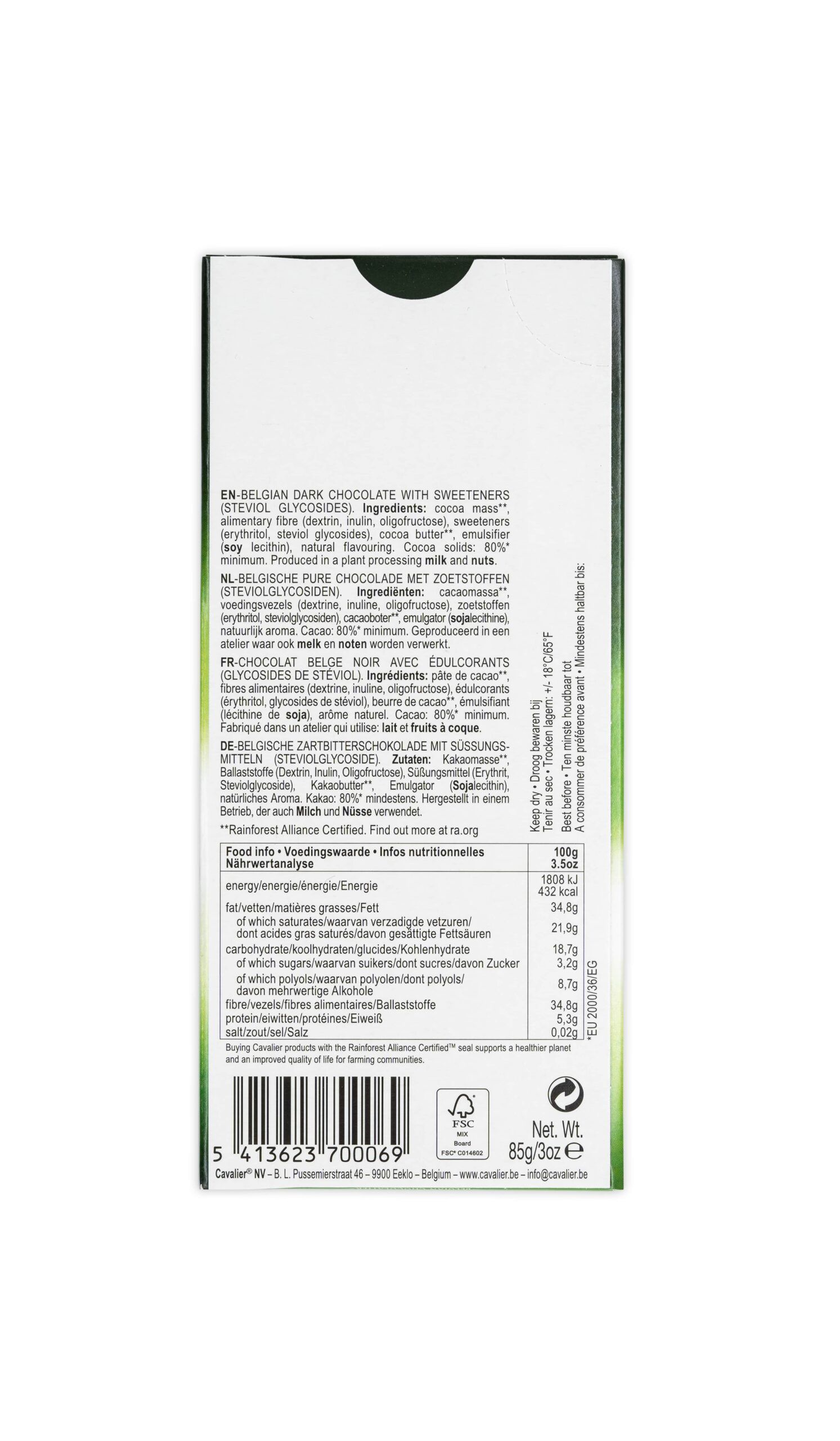 Cavalier Dark Chocolate with 85% Cocoa and Stevia