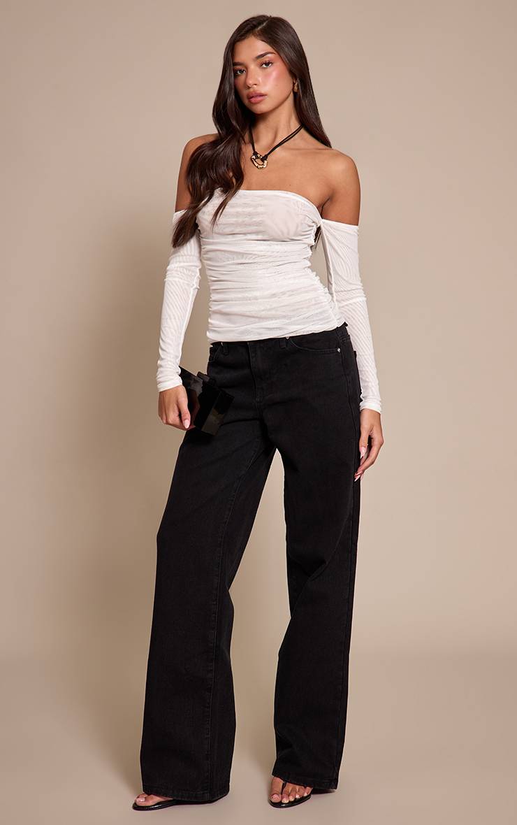 Blanc Bardot À Manches Longues En Double Couche De Mesh Avec Détails Froncés