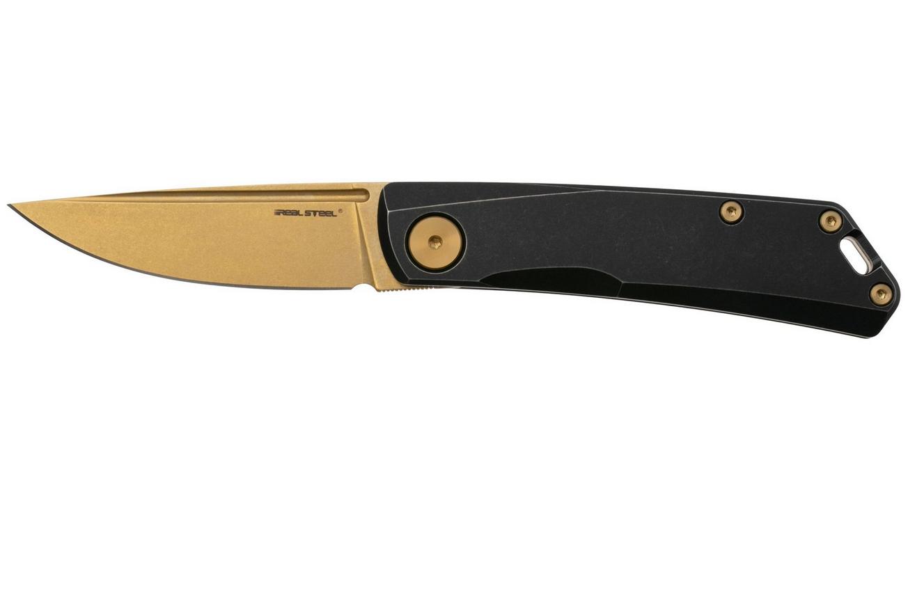 Real Steel Luna Titan 7001BG, Goldwash Böhler N690, Black Titanium Slipjoint, zakmes, Poltergeist Design