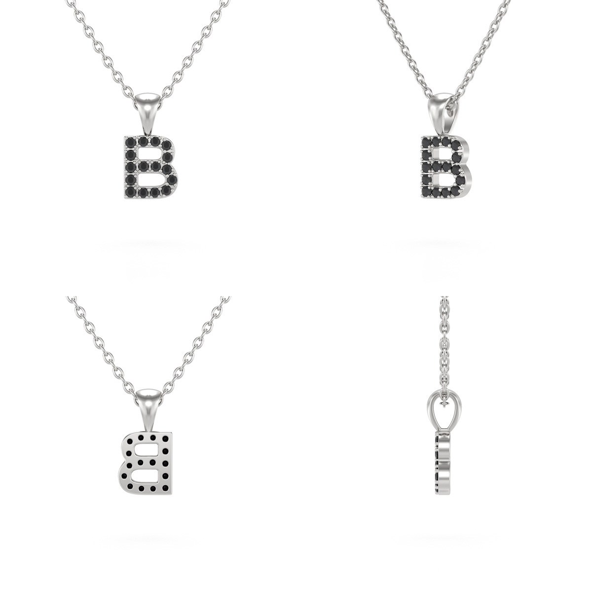 Collier Pendentif ADEN Lettre B Diamant Noir Chaine Argent 925 incluse 0.72grs