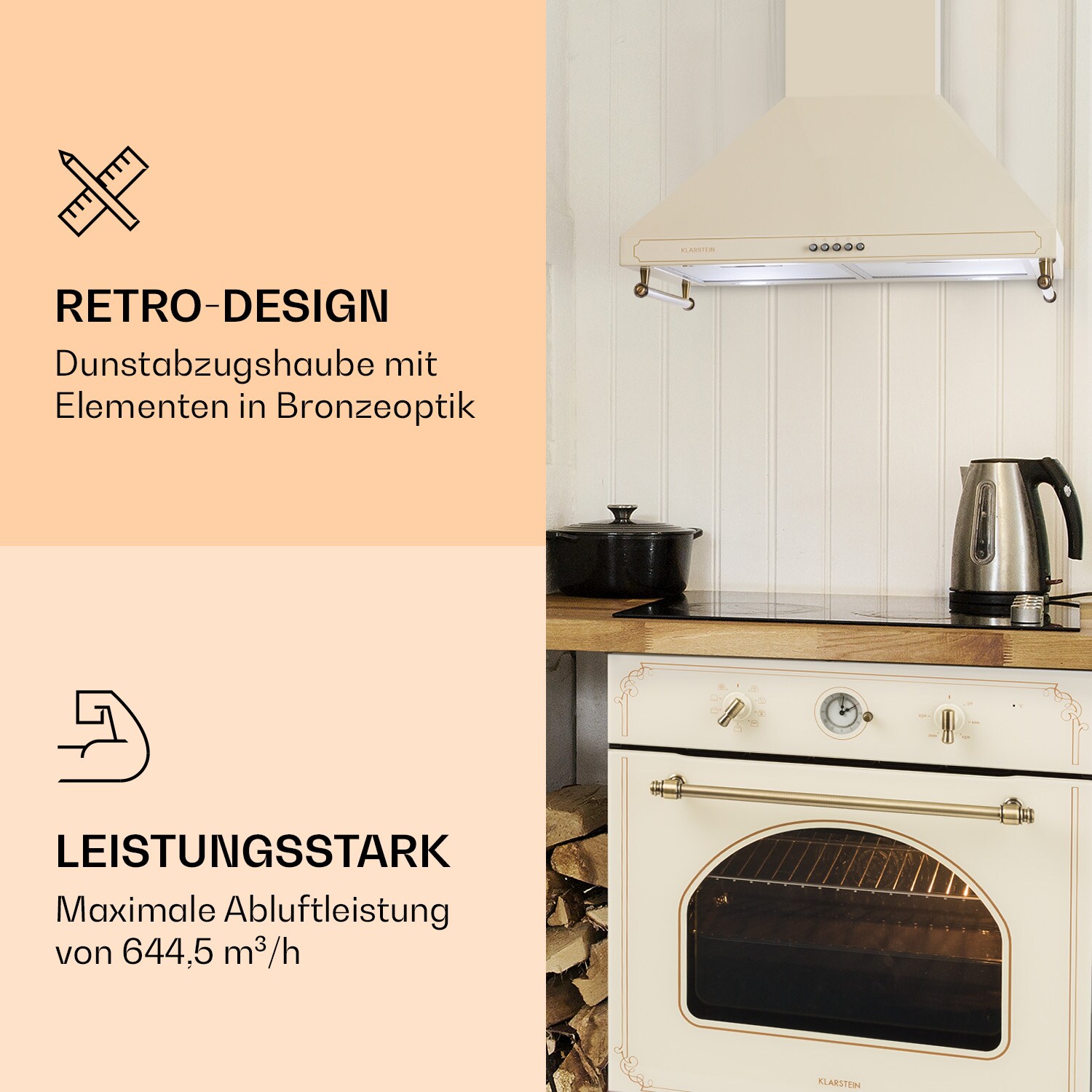 Victoria Dunstabzugshaube 60cm Retro-Design 644,5m³/h 2 LED-Lampen Elfenbein