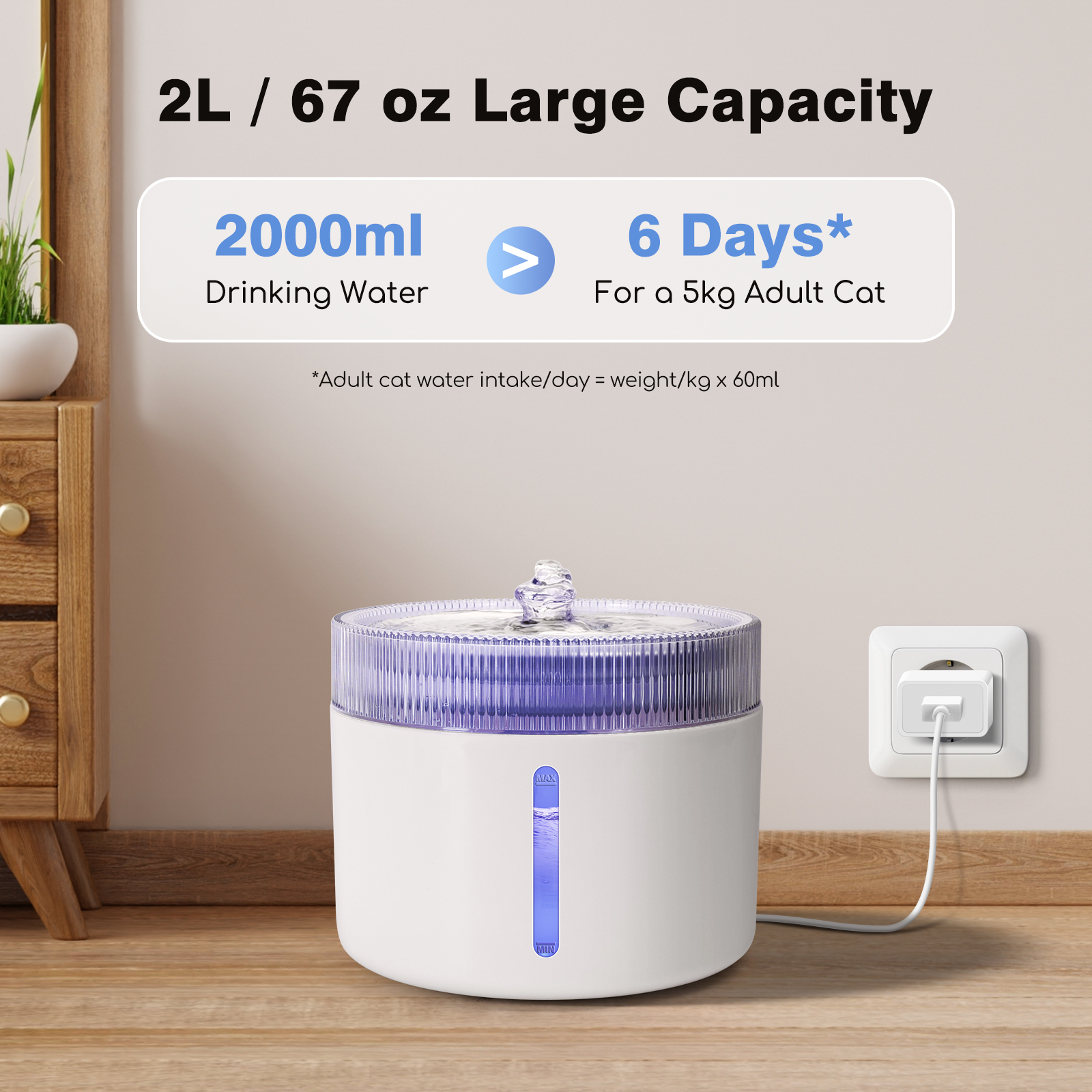Fonte de água para gatos Nobleza - 2L, ultrassilenciosa, com luz LED inteligente, filtros de carvão ativado e bomba de água, adequada para vários animais de estimação, branca.