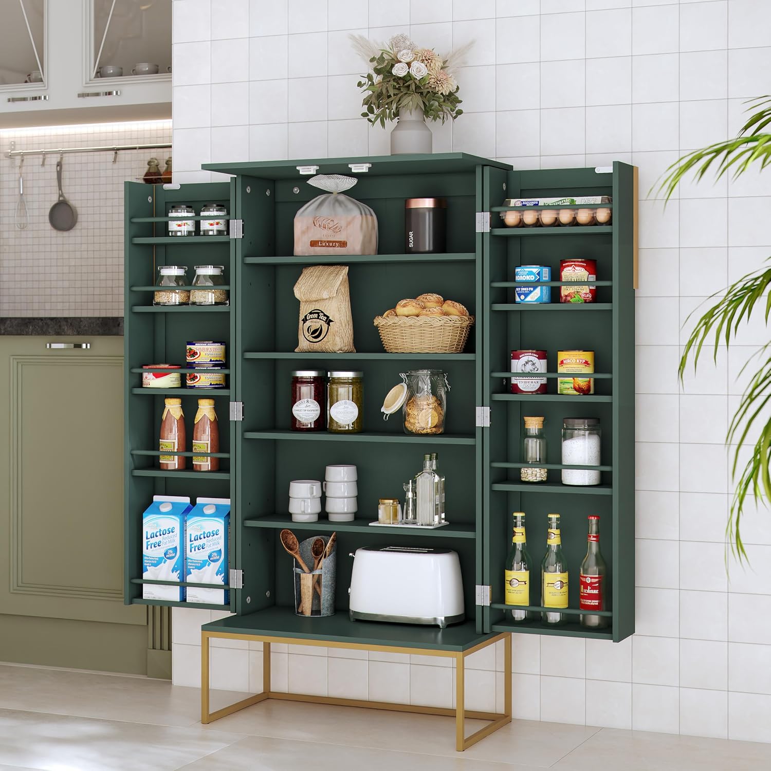 Küchenschrank Badezimmerschrank Badschrank Wohnzimmerschrank Schlafzimmerschrank Mehrzweckschrank mit verstellbarem Regal,Schrank freistehend für Küche,Badzimmer,Wohnzimmer (Stil 2 - Grün)