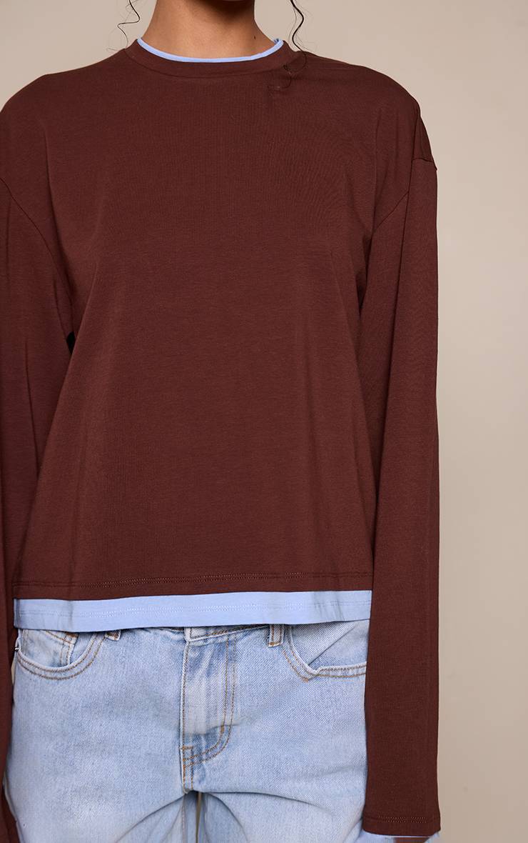 Chocolat T-shirt Manches Longues À Détail Double Épaisseur