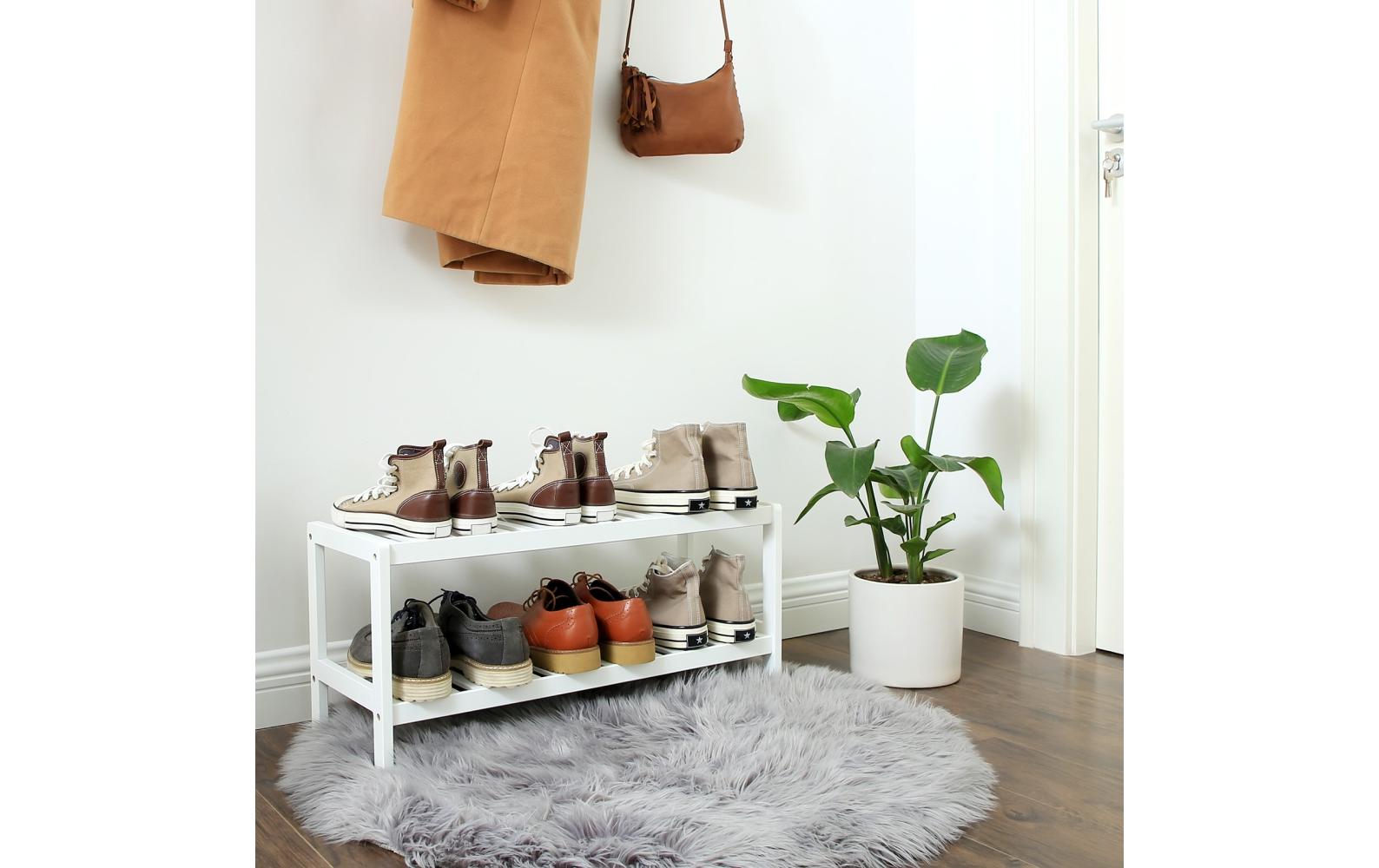 Schuhregal mit 2 Ablagen aus Bambus, WeissSchuh-Organizer