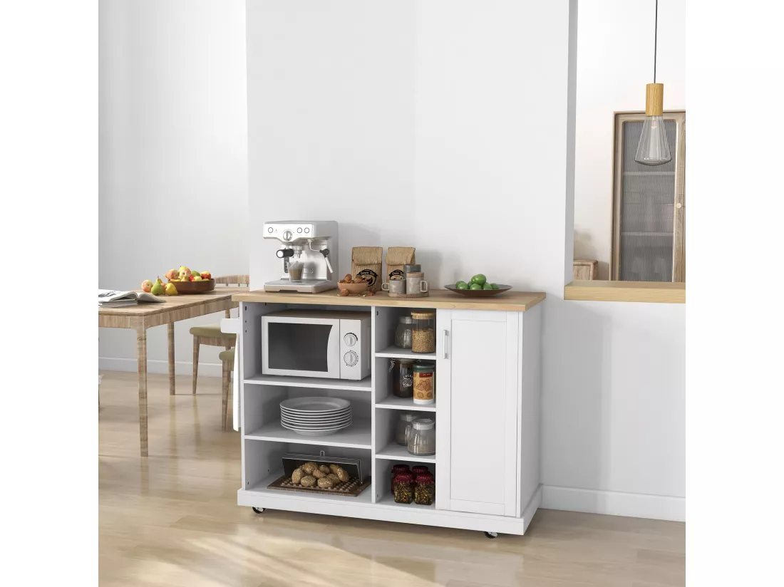 Desserte de cuisine îlot multi-rangement MDF blanc plateau bois hévéa verni