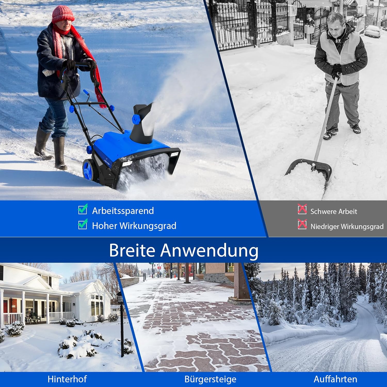 GOPLUS Elektrische Schneefräse mit LED-Scheinwerfern, 180° drehbarem Auswurfkanal, 50 cm Arbeitsbreite, 25 cm Arbeitshöhe, 9 m Auswurfweite, Schneeschieber mit Motor, für Auffahrt & Terrasse (Blau)