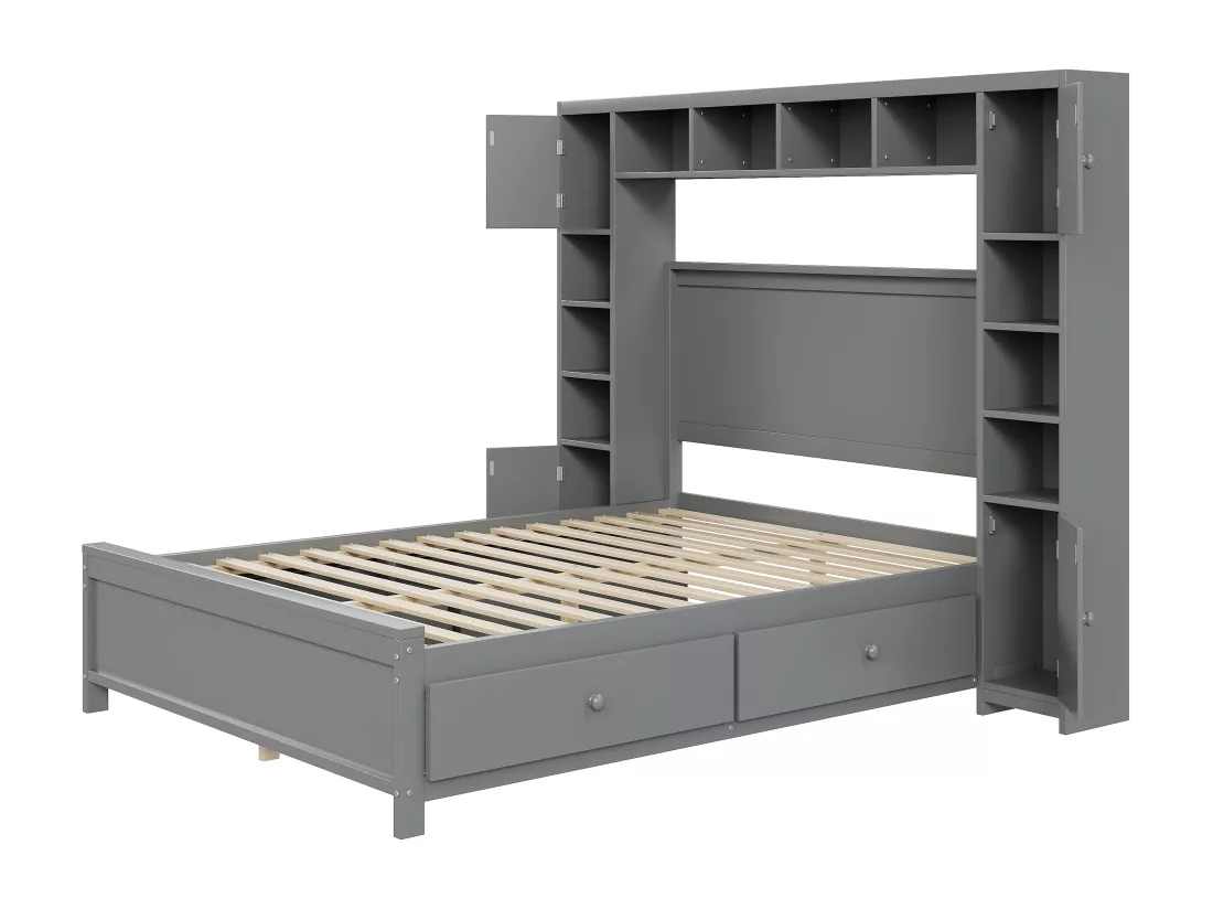 Lit 140 x 200 cm avec 4 tiroirs et rangement - Bois massif - Décor gris - CONAN
