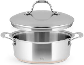 H&H Lage braadpan van roestvrij staal en koper, 2 handgrepen, 22 cm, met deksel
