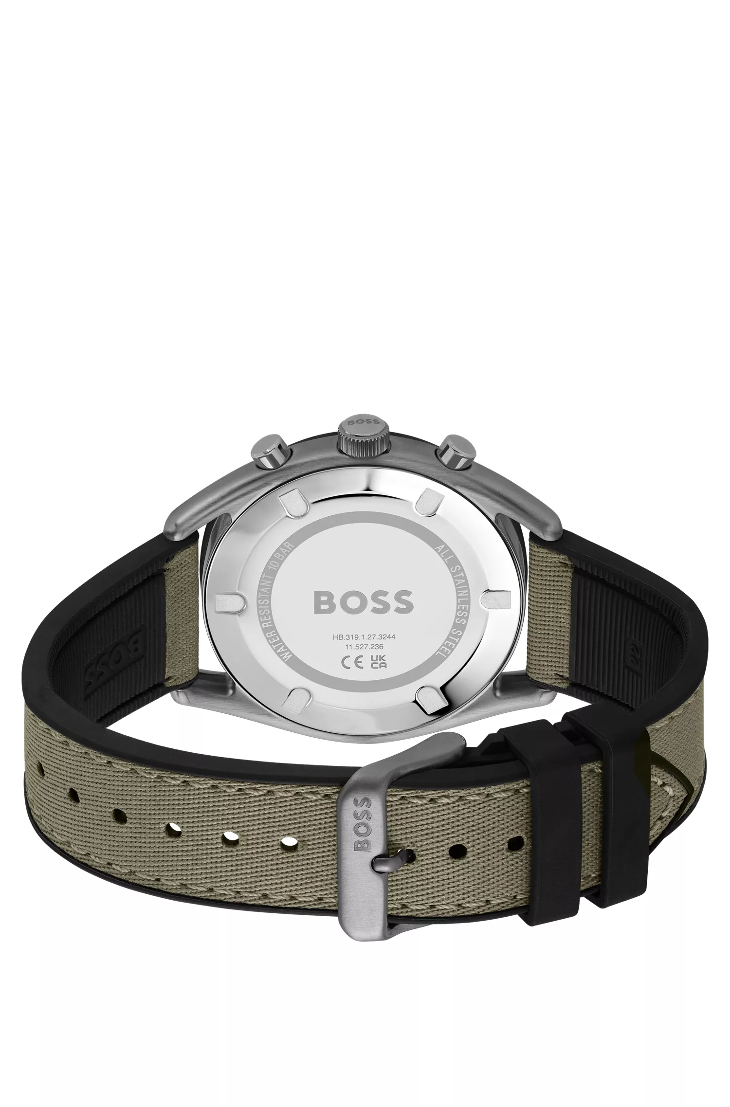 Relógio cronógrafo BOSS com mostrador preto e cáqui e pulseira de silicone.