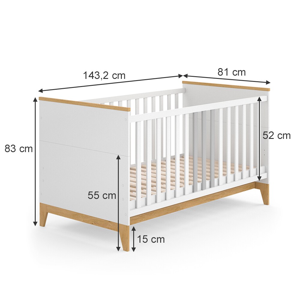 VitaliSpa Kinderbett Babybett Juniorbett Malia Weiß Eiche modern 70x140 cm Kinderzimmer Bett Babyzimmerbett Kindermöbel Babymöbel Schlupfsprossen Lattenrost Rausfallschutz Einzelbett