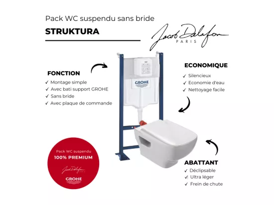 Pack WC suspendu sans bride JACOB DELAFON Struktura + Bati-support GROHE + plaque Start blanc