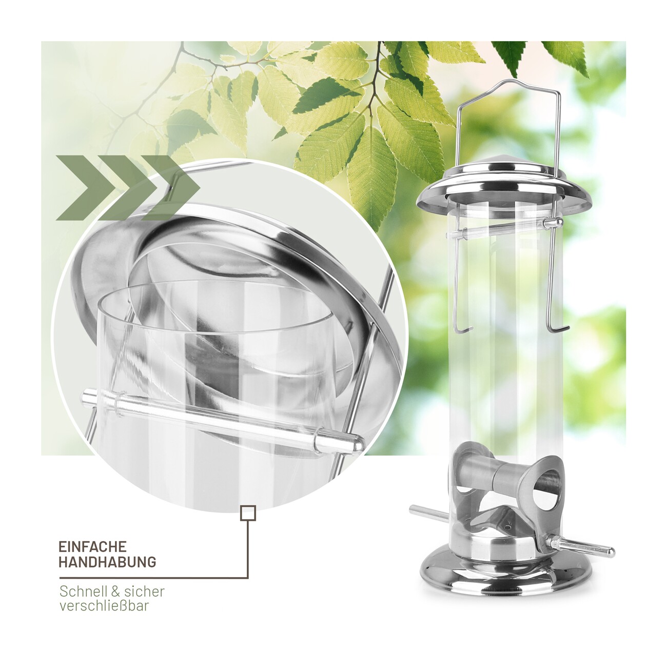 wildtier liebe Futtersäule für Samen, Körner & Kerne 23,5cm, Silber