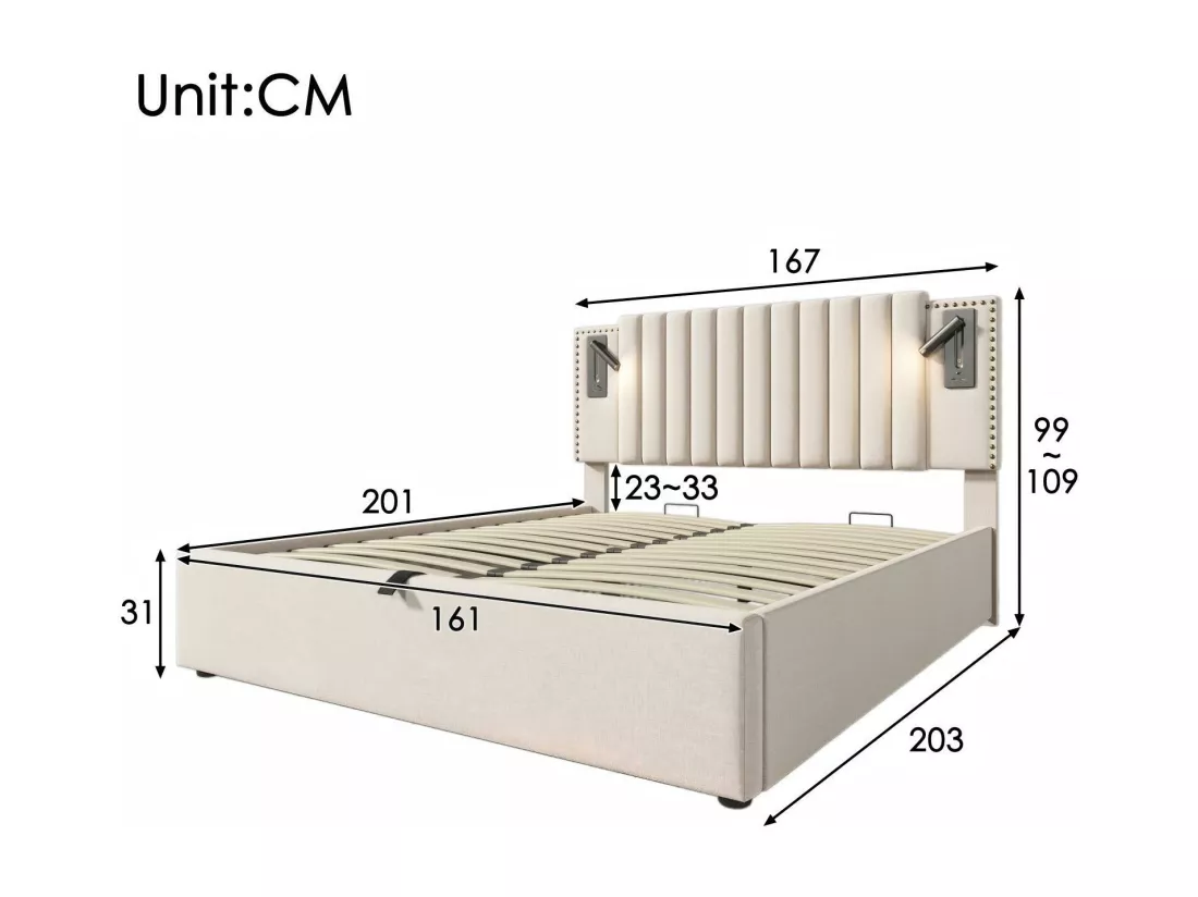 Lit coffre en tissu coton 160x200cm + Matelas, tête de lit réglable, avec lampe de lecture et port de charge, Beige