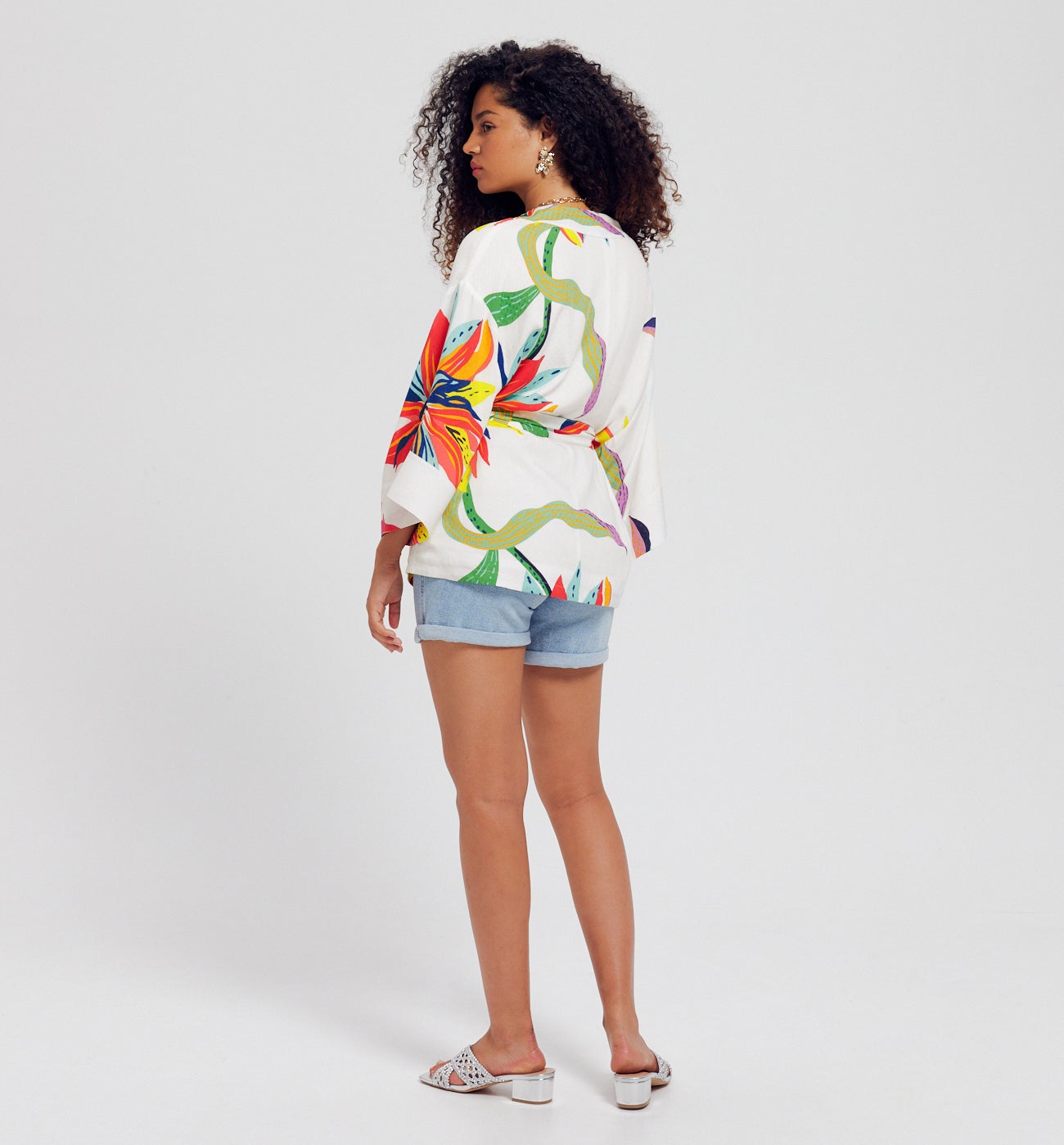 Veste kimono en satin Femme - Imprimé écru