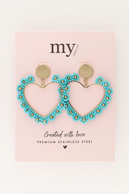 Statement oorbellen met blauw bloemetjes hart