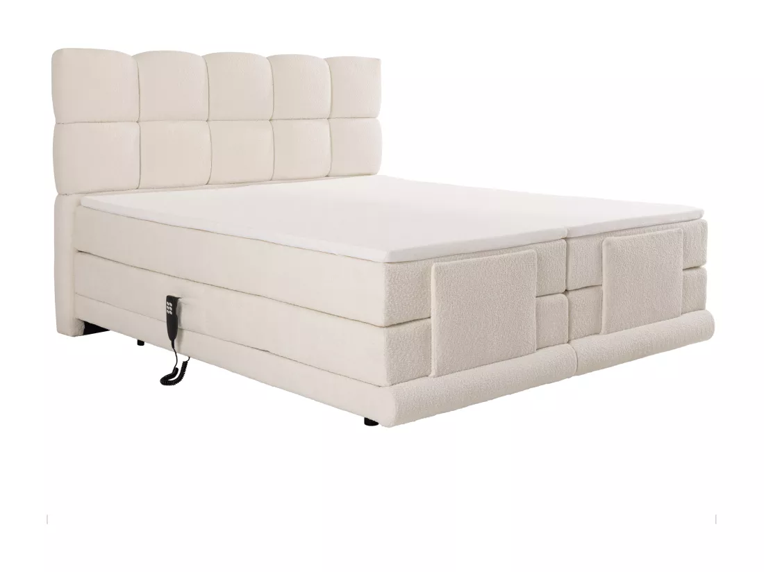 Ensemble complet boxspring tête de lit + sommiers relaxation électrique + matelas + surmatelas - 2 x 90 x 200 cm - Tissu bouclette - Beige - OMILA de PALACIO